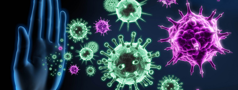 Graphic showing violet and turquoise viruses and a hand that holds the viruses back.