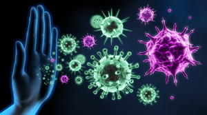 Graphic showing violet and turquoise viruses and a hand that holds the viruses back.